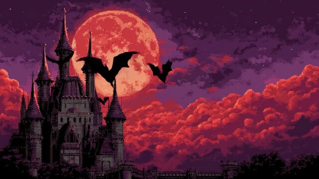 Ominous Castle on Spooky Halloween Night Flying Bat Under Red Blood Moon