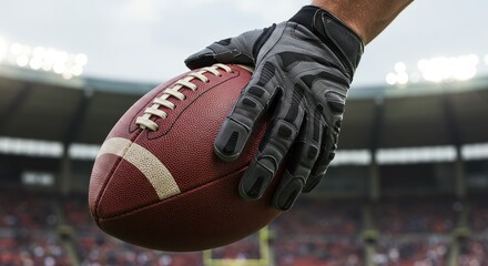 Gloved hand gripping american football poised for action on the field ambiance