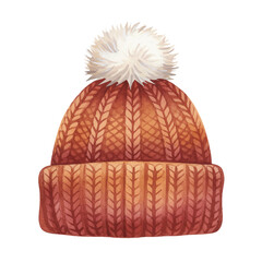 Watercolor Illustration of a Knitted Winter Hat with Pom-Pom