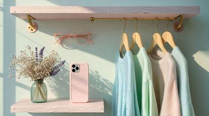 Soft pastel clothing hangs on a shelf with flowers and phone