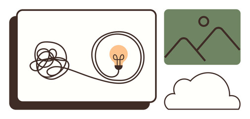Tangled line transforming into glowing bulb with mountain and cloud elements. Ideal for creativity, innovation, clarity, problem-solving, design, simplicity, inspiration. Represents simple flat
