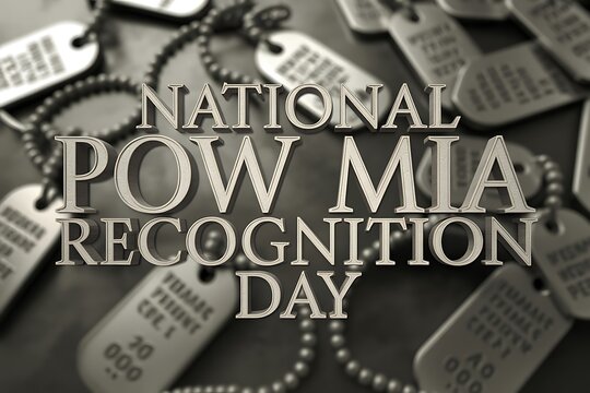 Honor POW MIA Recognition Day with powerful 3D text and dog tags, evoking remembrance and respect for heroes.
