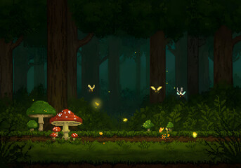 Night forest pixel art illustration