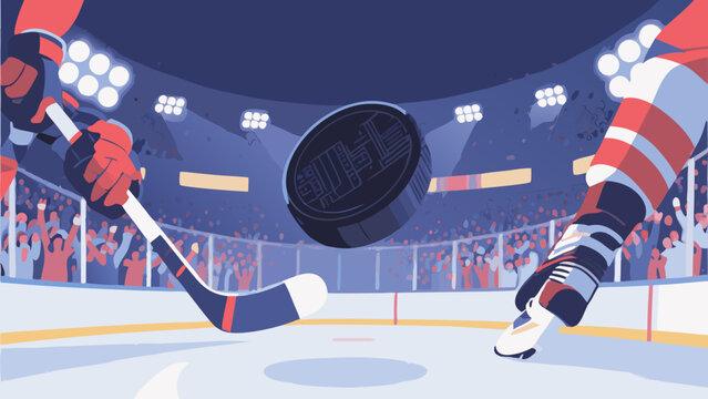 Dynamic illustration of an ice hockey game in progress with players and puck action