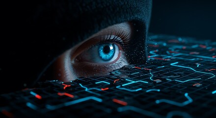 Futuristic Human Eye with Digital Interface in Darkness
