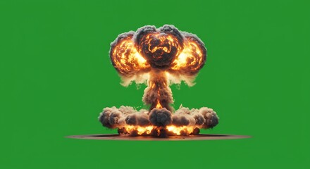 Fototapeta premium Explosive Fireball Mushroom Cloud Detonation with Bright Orange Flames and Dark Smoke in Green Background