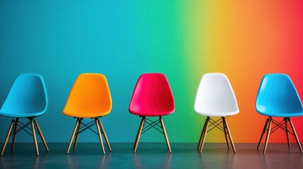 Obraz premium A colorful row of chairs against a rainbow-colored wall.