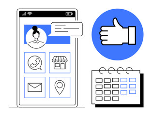 Fototapeta na wymiar Smartphone screen showcasing user profile, messaging, contact options, calendar, location pin, storefront, and thumbs up icon. Ideal for communication, scheduling business networking social media