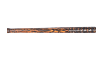 A long, wooden staff with a striking marbled grain pattern and textured grip is presented against a pure black background.