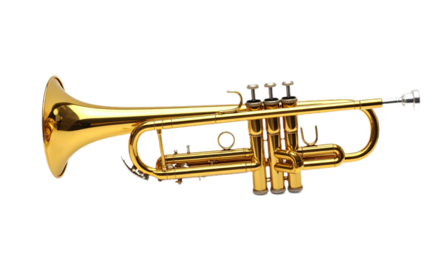 A polished gold trumpet stands out against a black backdrop, showcasing its intricate details and gleaming surface.