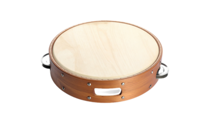 A wooden tambourine with a light-colored top and dark-brown frame, set against a black background.