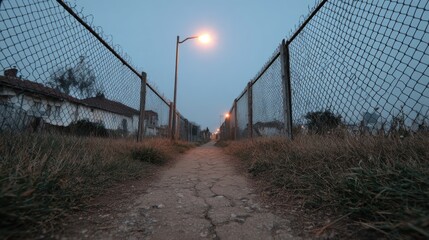 Fototapeta premium Eerie Twilight Pathway Lined with Chain-Link Fences and Dim Streetlights at Dusk