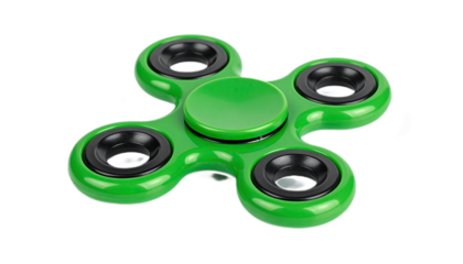 A vibrant green fidget spinner is displayed against a dark backdrop, showcasing its three-pointed design and smooth surface.
