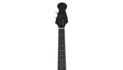 A close-up view of a dark-colored bass guitar neck against a black background, highlighting its smooth, sleek design.