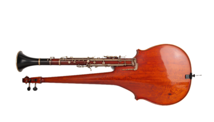 Antique clarinet and a unique, elongated bass instrument set against a striking black backdrop.