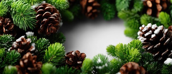 Festive Pine Cone Wreath with Snow-Dusted Greenery for a Seasonal Holiday Decoration