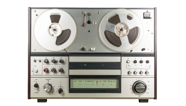 Vintage audio recording machine with multiple control panels and reel-to-reel tape decks. Its neutral color scheme and design evoke a nostalgic mood.
