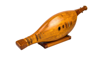 An antique, handcrafted wooden string instrument, showcasing intricate details and rich golden tones, rests on a simple wooden stand against a black background.