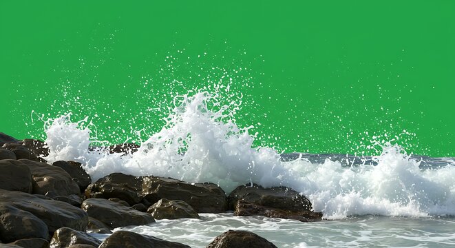 Waves Crashing Against Rocks with Green Screen Background for Video Editing