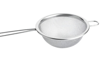 A stainless steel mesh strainer with a simple, round bowl and handles is presented in a  shot against a black backdrop.