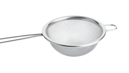 A stainless steel mesh strainer with a simple, round bowl and handles is presented in a  shot against a black backdrop.