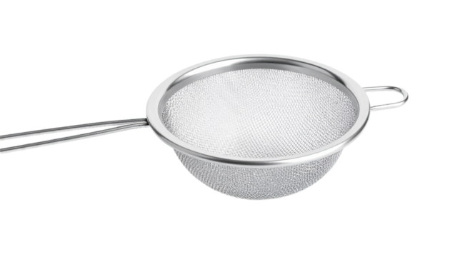 A stainless steel mesh strainer with a simple, round bowl and handles is presented in a  shot against a black backdrop.