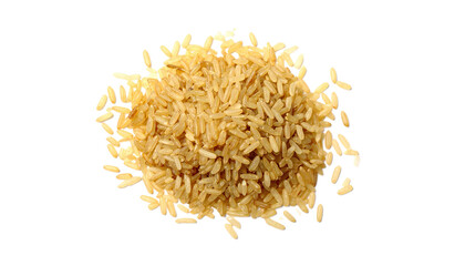 A close-up view of a pile of uncooked brown rice grains, showcasing their light golden-brown color and varied textures.