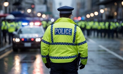 Fototapeta premium Police Officer in High-Visibility Gear at a City Scene with Emergency Vehicle Lights
