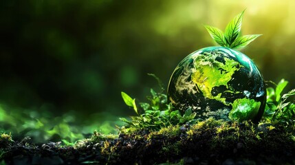 A green and blue globe with green leaves on top, placed on a green mossy surface with a blurred green background.