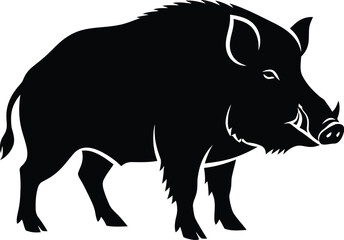 A simple black silhouette of a wild boar standing in profile, showing its tusks and bristly mane.