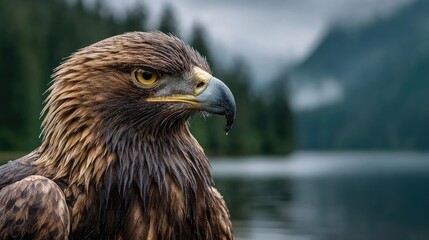 Fototapeta premium Beautiful golden eagle head detail concept. Close-up of a majestic eagle in a serene natural setting.