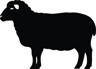 Silhouette of a black sheep standing in profile, a domestic farm animal.