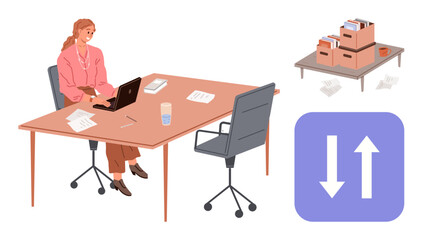 Woman working on laptop at office desk surrounded by papers, water cup, filing shelves, and data exchange icon. Ideal for productivity, office culture, organization, workflow, task management
