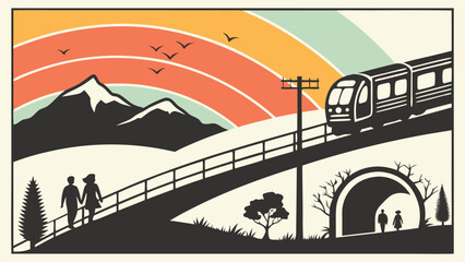 Retro styled illustration: Couple walking towards a train on a bridge overlooking scenic mountains and a tunnel, under a vibrant sunset.