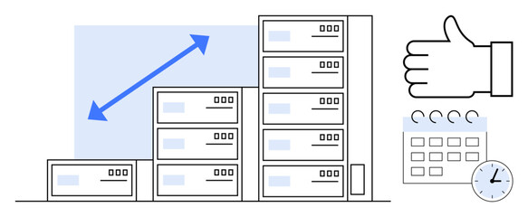 Stacked servers with an upward arrow, calendar, clock, and thumbs-up icon indicating progress, efficiency, and approval. Ideal for tech growth, hosting, planning IT management business efficiency