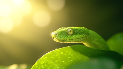 Obraz premium Vibrant green pit viper emerging from lush foliage in golden sunlight