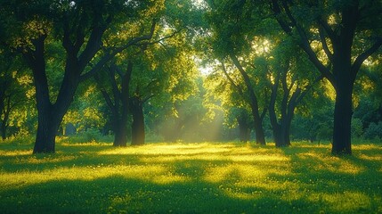 Fototapeta premium Park landscape: Sunlight spills on grass, old trees form shade, light beams penetrate forest, creating quiet natural atmosphere. Suitable for decorative paintings, desktop wallpapers