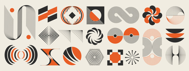 Abstract minimal element mid century vector set. Aesthetic contemporary stripe line art, vintage geometric shape in monochrome and orange. Atomic age Art form design for wall art, decoration.