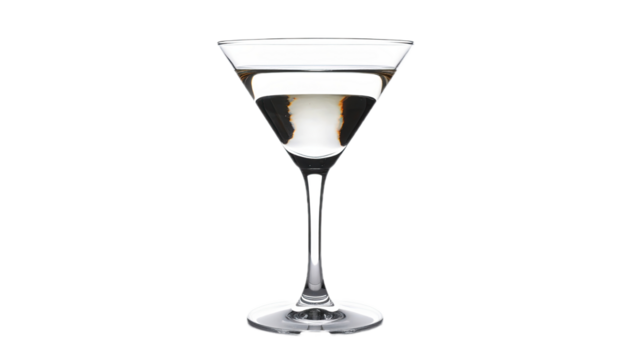 A clear martini glass filled with a layered drink displays a dark, contrasting liquid.