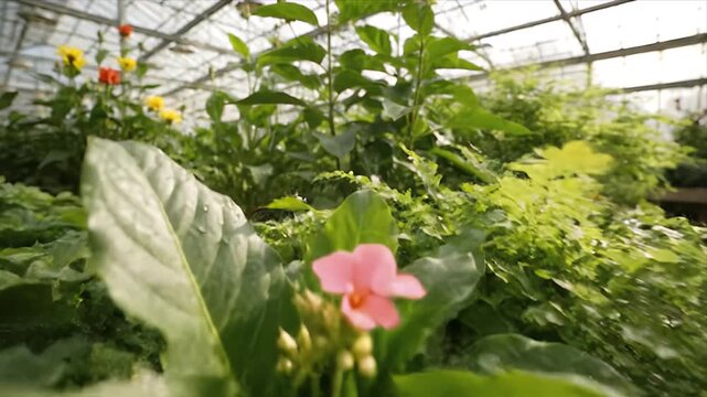 Indoor greenhouse shot featuring diverse plant life. Rows of potted plants thrive under a glass roof, showcasing botany, horticulture, and plant nursery concepts