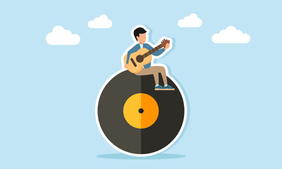 Young man playing guitar on vinyl record illustration of appreciation for music day celebration or music festival