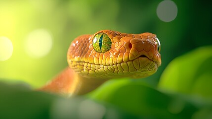 Close up of a curious dinosaur head peering through lush green foliage