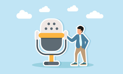 Young man standing near microphone illustration of appreciation for music day celebration or music festival