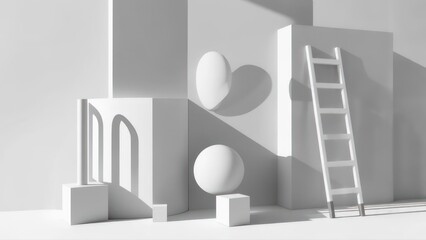 Abstract White Geometric Scene with Arches, Spheres, Ladder, and Striking Heart Shadow