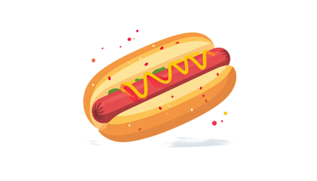 A hot dog, depicted in a vibrant style, with mustard and ketchup, is displayed on a black background. - Powered by Adobe
