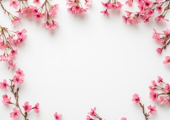 Pink Cherry Blossom Flowers Frame on White Background Elegant Natural Scene for Spring Decoration
