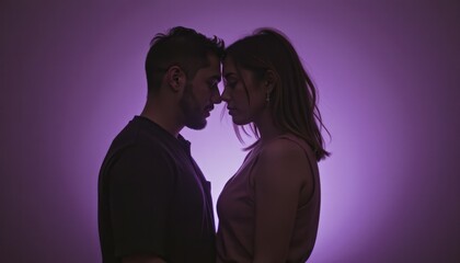 Closeup Romantic Couple Soft Purple Lighting