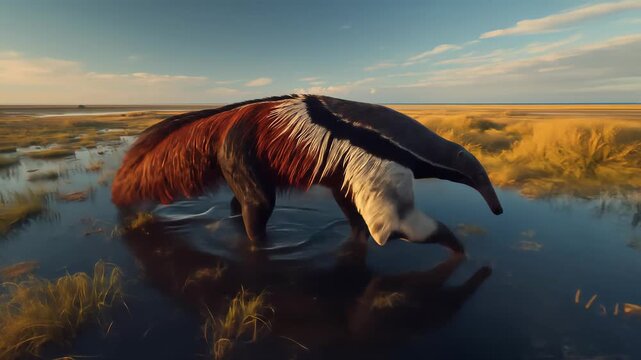 Majestic ant bear, myrmecophaga, exploring a serene water landscape at twilight