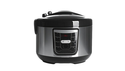 Fototapeta premium Modern multi-functional pressure cooker, featuring a sleek, stainless steel body and a black lid, presented against a stark black background.