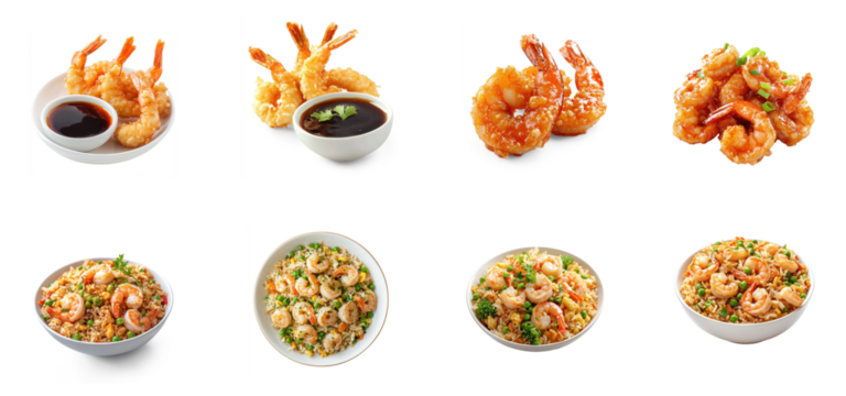 A variety of shrimp dishes, including tempura, fried, and stir-fried, arranged on a white background.